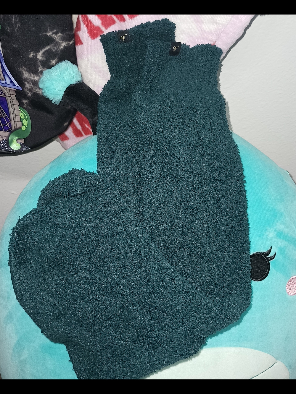 VICTORIA SECRET FOREST GREEN LONG FUZZY SOCKS WITH V LOGO ON EACH ONE